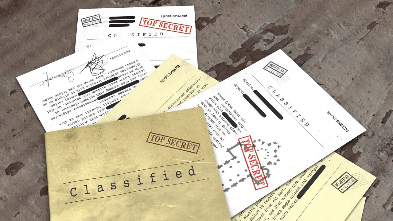 Classified quest documents and a top-secret dossier arranged on a table